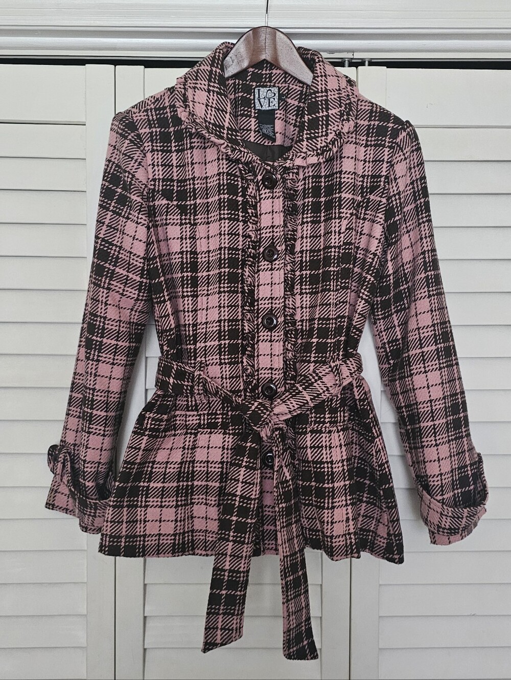 Love Tease Plaid Coat Size L Pink Brown Button Front Belted Waist Ruffle Trim